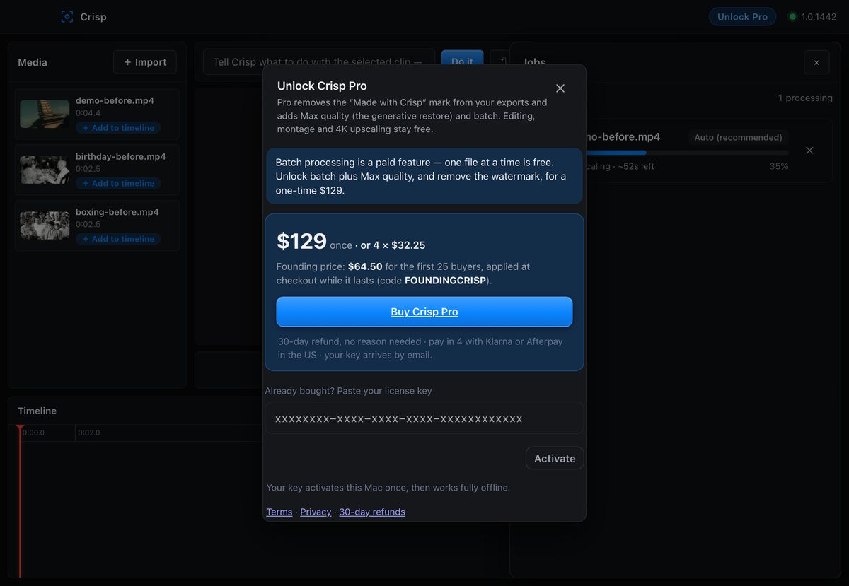 Crisp with three clips in the media bin after pressing Queue everything on the free copy: the first clip is upscaling and the Pro window explains batch.