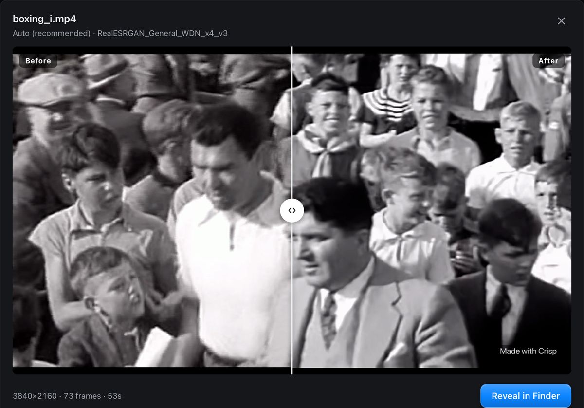 Crisp's Before/After window on a black-and-white newsreel crowd shot: fine comb lines on moving faces on the left, clean whole frames on the right.