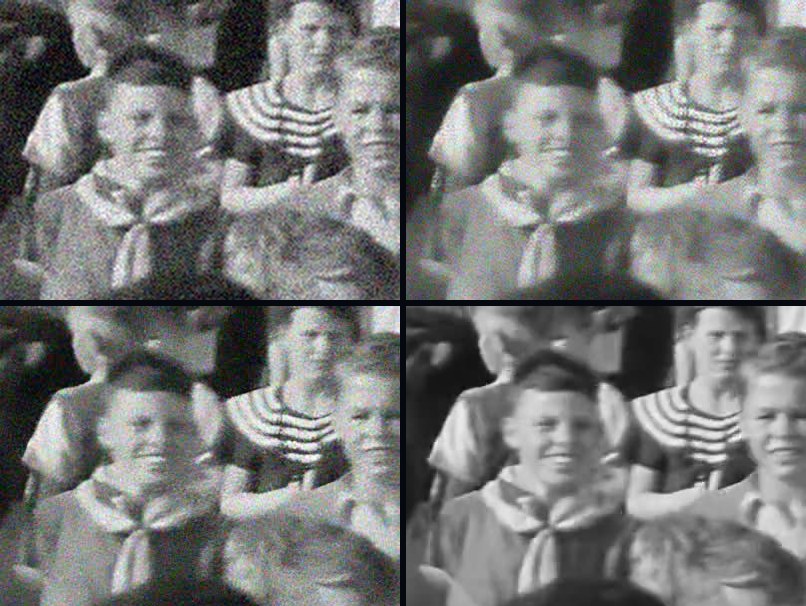 Four crops of the same heavily grainy test photo. Top left, a plain resize with visible grain. Top right, the Upscale photo button's result, smoother and softer. Bottom left, the fix-the-grain result, with less grain than the plain resize and sharper edges than the button. Bottom right, the clean original.