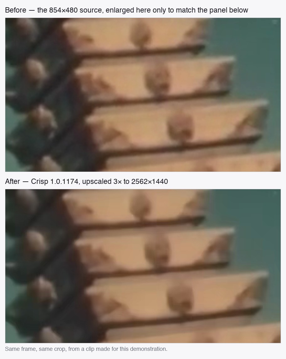 The same carved detail before and after upscaling: blocking and jagged edges above, cleaner edges below.