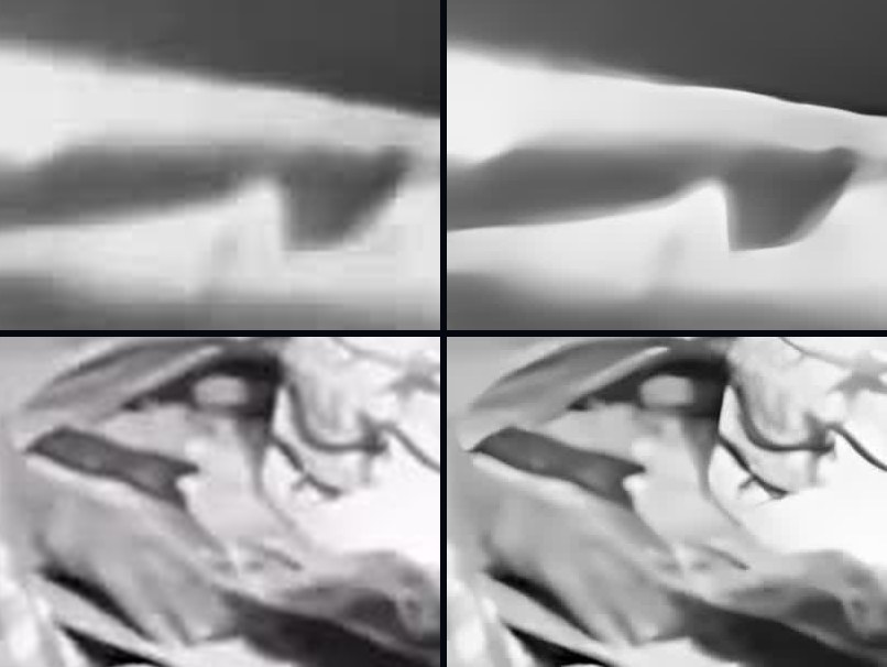 Two rows of 400 by 300 pixel crops. In each row the left crop is a plain resize and looks soft, and the right crop is Crisp's result, with steeper edges and cleaner flat areas. The top row is an archival film frame, the bottom row a 1950s newsreel frame.