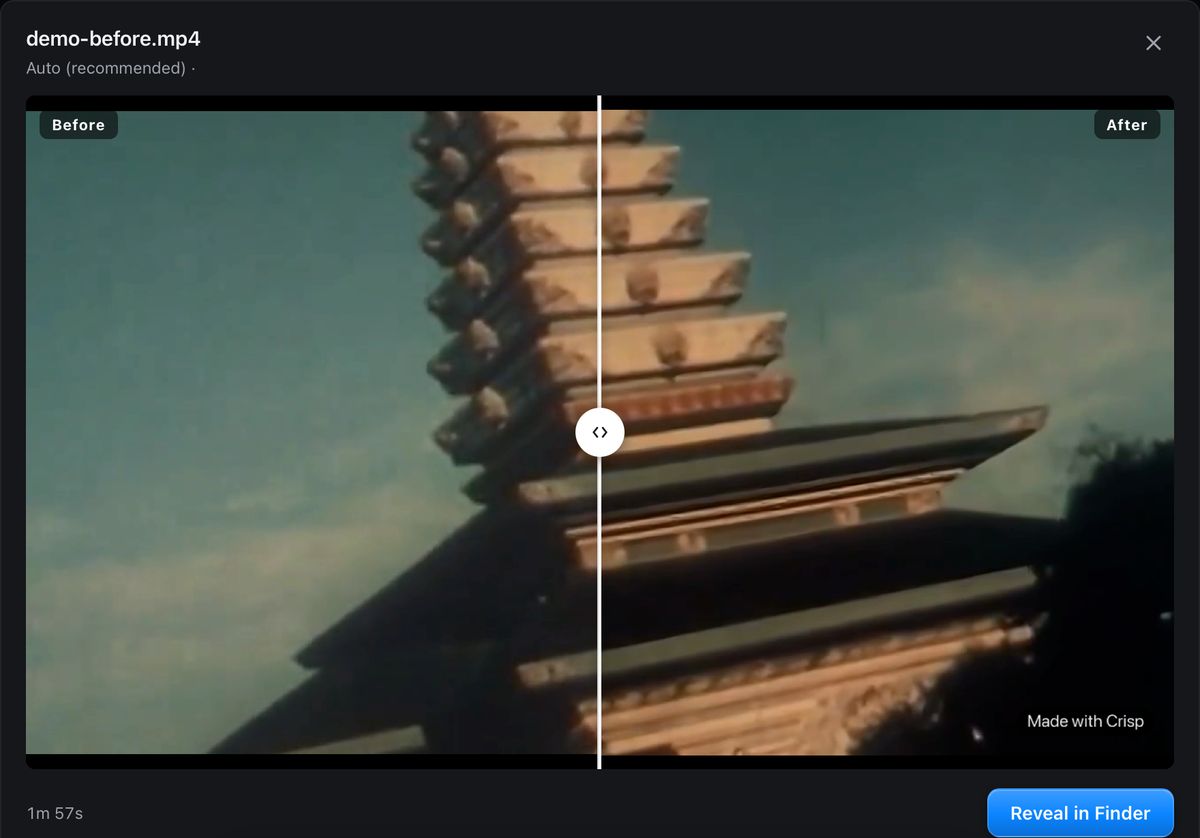 Crisp's Before/After window for an exported edit: the first clip of the cut before and after upscaling on export.