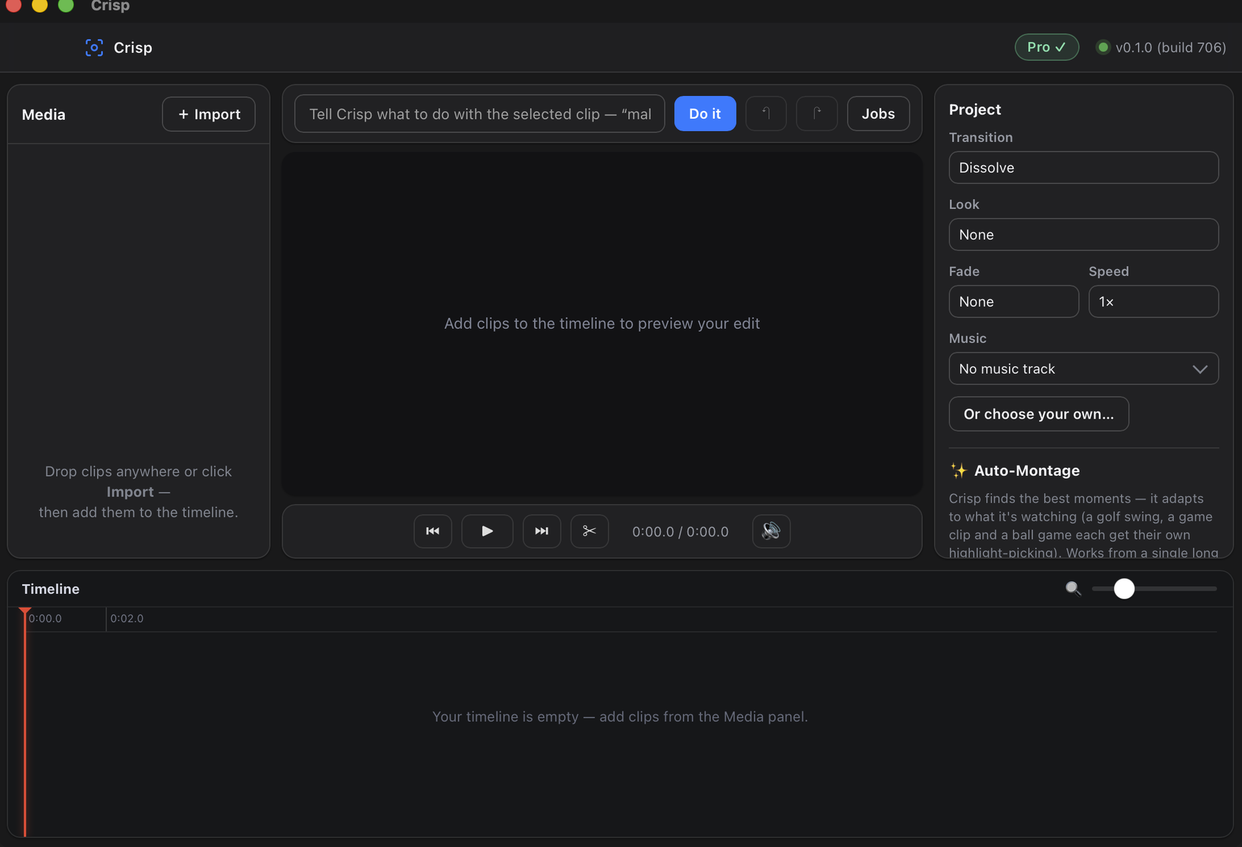 Crisp on macOS: media panel, preview, project settings and timeline.