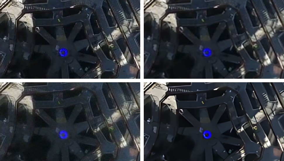 Four crops of the same overhead shot of a building: the sharp original, a soft plain resize, a similarly soft fast AI model, and a much sharper heavier AI model.