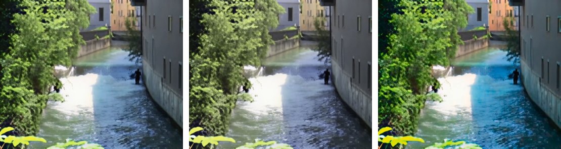 The same canal scene three times: correct first, visibly duller second, and oversaturated third.