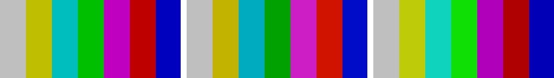 Three sets of colour bars. The first is correct. In the second the green is darker and the red has turned orange. In the third the green and cyan are brighter and more neon.