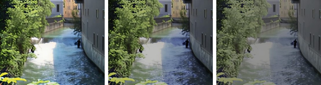 The same canal scene three times: vivid and correct first, slightly greyer second, and flat, dim and desaturated third.