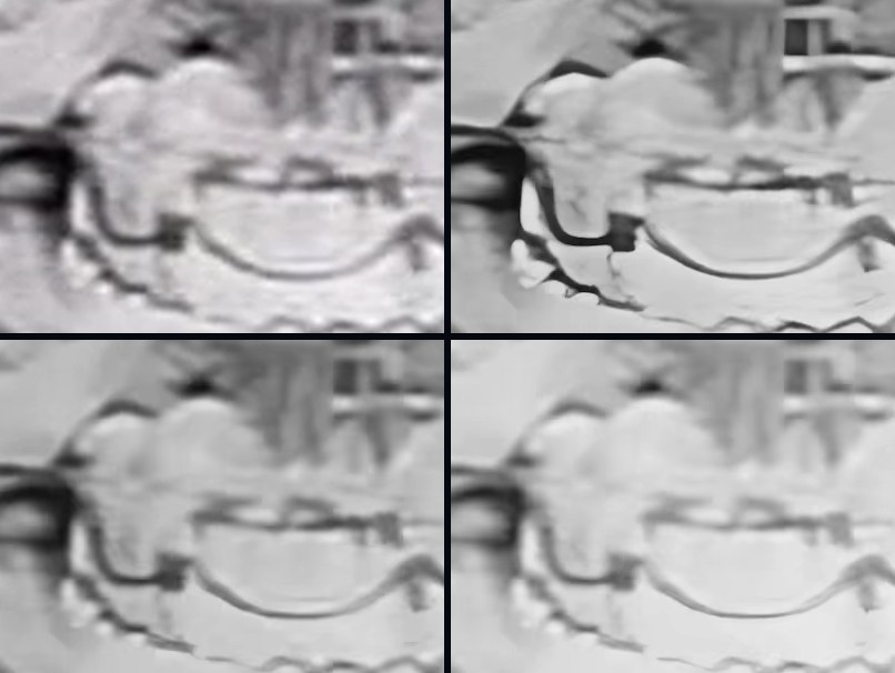Four 400 by 300 pixel crops of the same birthday newsreel frame, two by two: a plain resize that is soft, Enhance with hard dark outlines and some blotchy white shapes, Enhance with denoise 0.85 that is smooth and soft, and Low-light cleanup that is lighter.