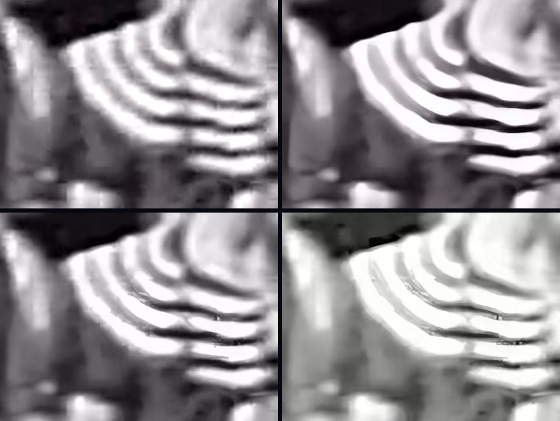 Four 400 by 300 pixel crops of the same boxing frame, two by two: a plain resize that is soft, Enhance with hard white stripes, Enhance with denoise 0.85 that is smoother, and Low-light cleanup that is brighter and washed out.