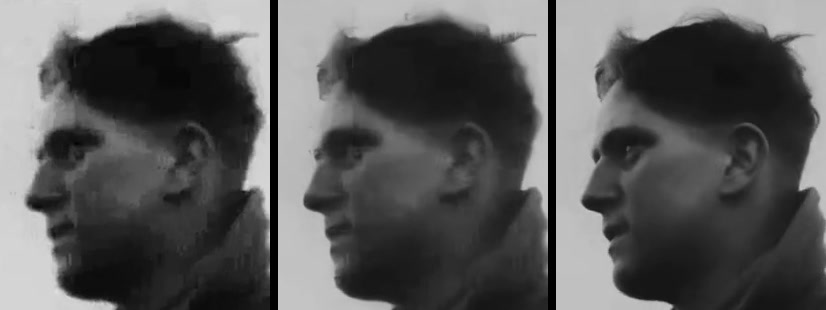 The same crop of a man's face in profile from 1945 black-and-white film, three ways. Left: the original scan, grainy and blocky, with dark stubble on his jaw. Middle: Crisp's Enhance, grain and blocks gone, the same face and the same stubble, slightly softer. Right: Crisp's Max, much sharper, with a brighter, more defined eye and the stubble on his jaw almost gone.
